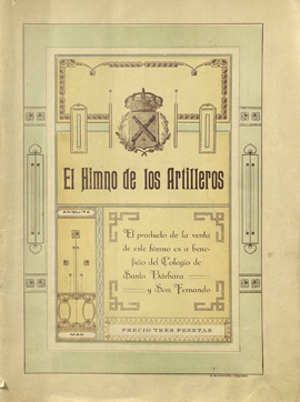 Ilustración de portada de la partitura 'El Himno de los Artilleros', de estilo art nouveau