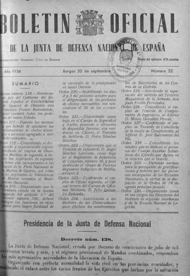 Reproducción de la primera página del número 32 del Boletín Oficial de la Junta de Defensa Nacional, publicado en Burgos  con fecha 30 de septiembre de 1936
