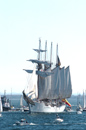 Numerosas embarcaciones navegan junto al Buque Escuela Juan Sebastián de Elcano en la bahía de Cádiz