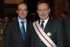 El ministro de Defensa, José Bono, con el rector de la Universidad de Salamanca, Enrique Bataner, tras la imposición de la Gran Cruz del merito Militar con distintivo blanco