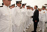 José Antonio Alonso, ministro de Defensa, saluda a los alumnos del buque escuela Juan Sebastián Elcano en Lisboa