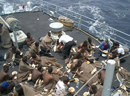 El patrullero de la Armada 'Serviola' en el rescate a los tripulantes de un cayuco en alta mar.