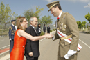 Carme Chacón, ministra de Defensa, recibe a S.A.R. el Principe de Asturias a su llegada al Campamento General Martín Alonso en Talarn