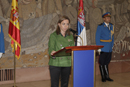 Carme Chacón, ministra de Defensa durante su intervención en el Ministerio de Defensa de Serbia