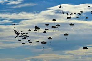 Paratroopers jumping off a US Army C-17 at the San Gregoro field