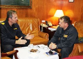 RA. Williamson meets with Cdr. Alvargonzalez before touring the frigate.