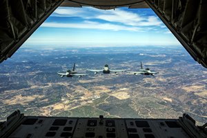 View of Eurofighters in formation as seen from the USMC's Hercules