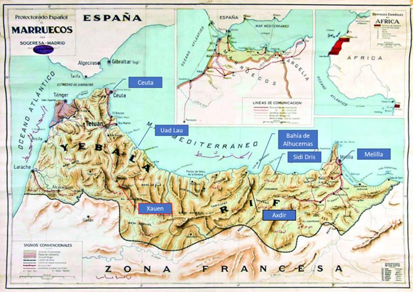Mapa físico del Protectorado español en el año 1924. Llamadas de elaboración propia. Fuente (El País, 2013)