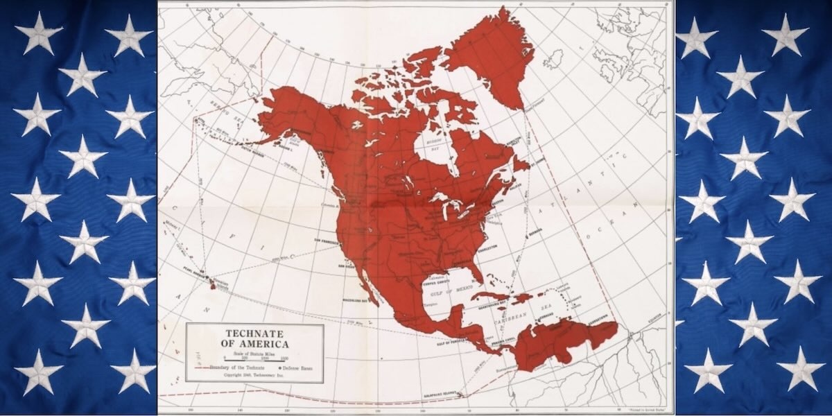 Mapa de América del Norte titulado 'Technate of America', resaltando en color rojo el territorio desde el norte de América hasta el Caribe, flanqueado por bandas azules con estrellas blancas