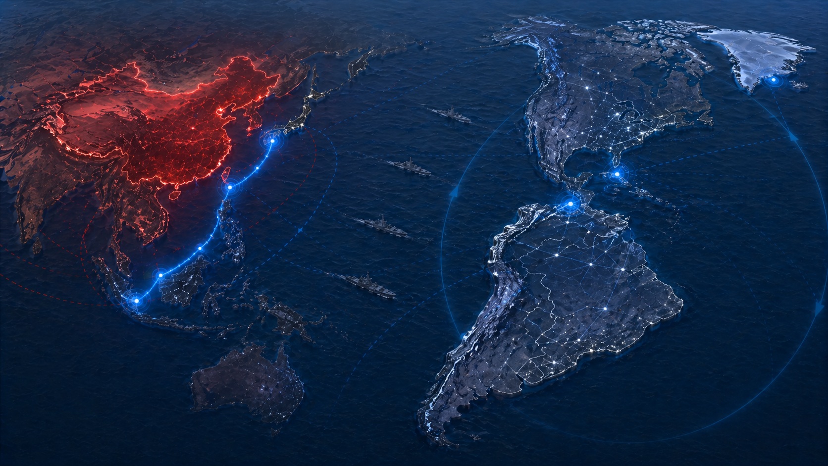 Mapa mundial, China iluminada en rojo, el continente americano en azul, con una línea de nodos brillantes en el sudeste asiático y barcos en el Océano Pacífico.