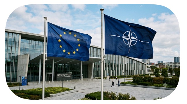 Entrada principal de la sede de la OTAN, con las banderas de la Unión Europea y de la OTAN ondeando en primer plano