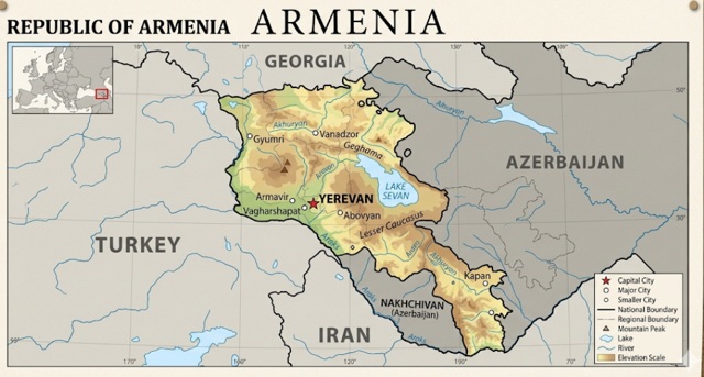 Mapa político y físico de la República de Armenia y sus países vecinos