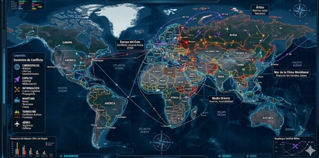 Mapa mundial que ilustra los dominios de la guerra híbrida global, muestra nodos de conflicto, rutas marítimas y satelitales que conectan regiones como Europa del Este, Medio Oriente y el Mar de la China Meridional