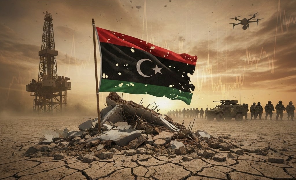 Bandera de Libia ondeando sobre escombros en un paisaje desértico. Generada con ia
