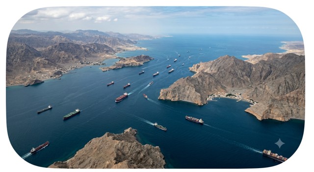 Vista aérea del Estrecho de Ormuz con numerosos barcos de carga navegando a través del canal marítimo, rodeado de costas montañosas y áridas.