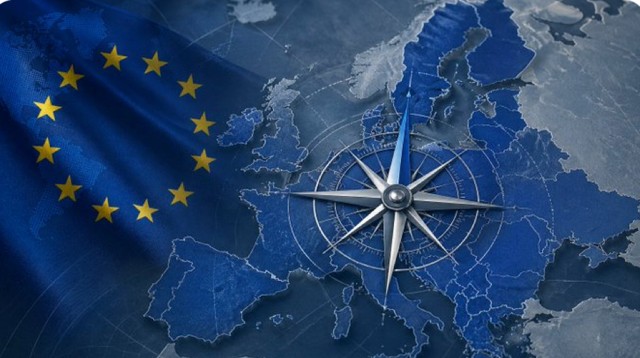 Escudo UE y OTAN sobre mapa de Europa. Generado con IA.