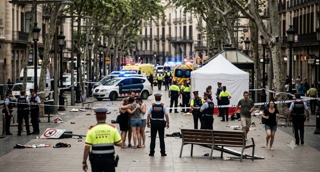 La Rambla de Barcelona tras un incidente, mostrando agentes de los Mossos d'Esquadra, vehículos policiales, una ambulancia y una carpa blanca de emergencias