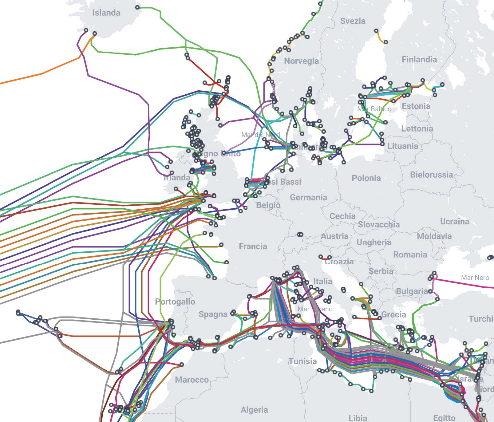 Mapa de cables submarinos en la zona euroatlántica