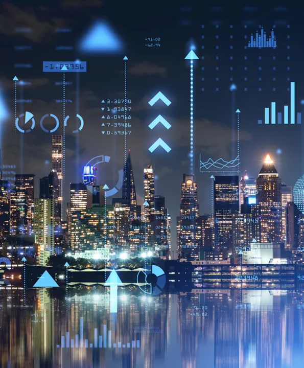 Símbolos tecnológicos sobre ciudad