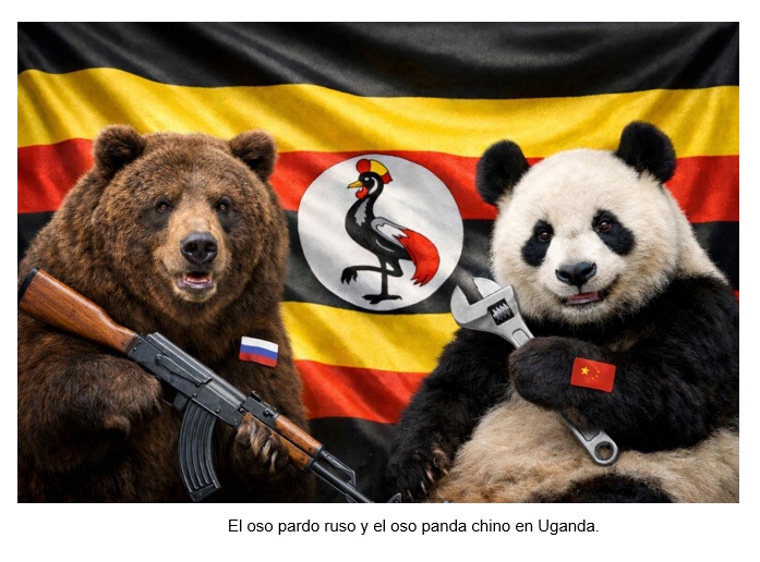 El oso pardo ruso y el oso panda chino en Uganda. Herramienta de IA: Chat GPT