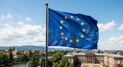 Bandera de la Unión Europea ondeando sobre una vista de la ciudad de Estrasburgo