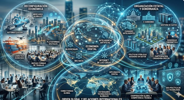 Infografía Economía Digital que conecta geopolítica, gobernanza estatal, reconfiguración económica y las relaciones internacionales