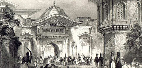 Grabado histórico en blanco y negro que representa la Sublime Puerta en Estambul