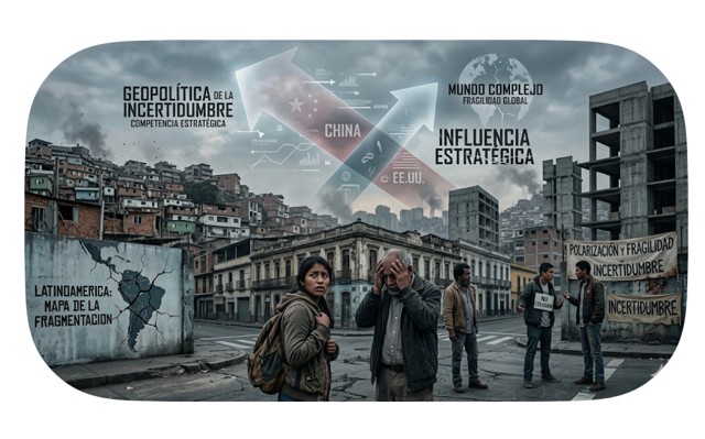 Ilustración de una calle en América Latina que muestra la preocupación social bajo un cielo donde se cruzan las influencias geopolíticas de China y EE.UU.