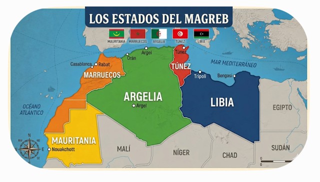 Mapa de la región del Magreb en el norte de África, destacando los paises de Mauritania, Marruecos, Argelia, Túnez y Libia, con sus banderas y capitales