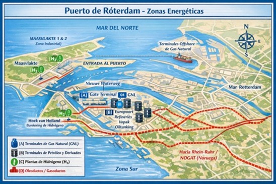 Mapa de las zonas energéticas del puerto de Róterdam 