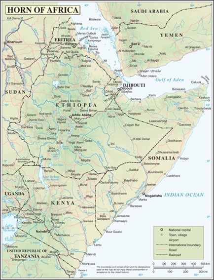 Mapa físico del Cuerno de África