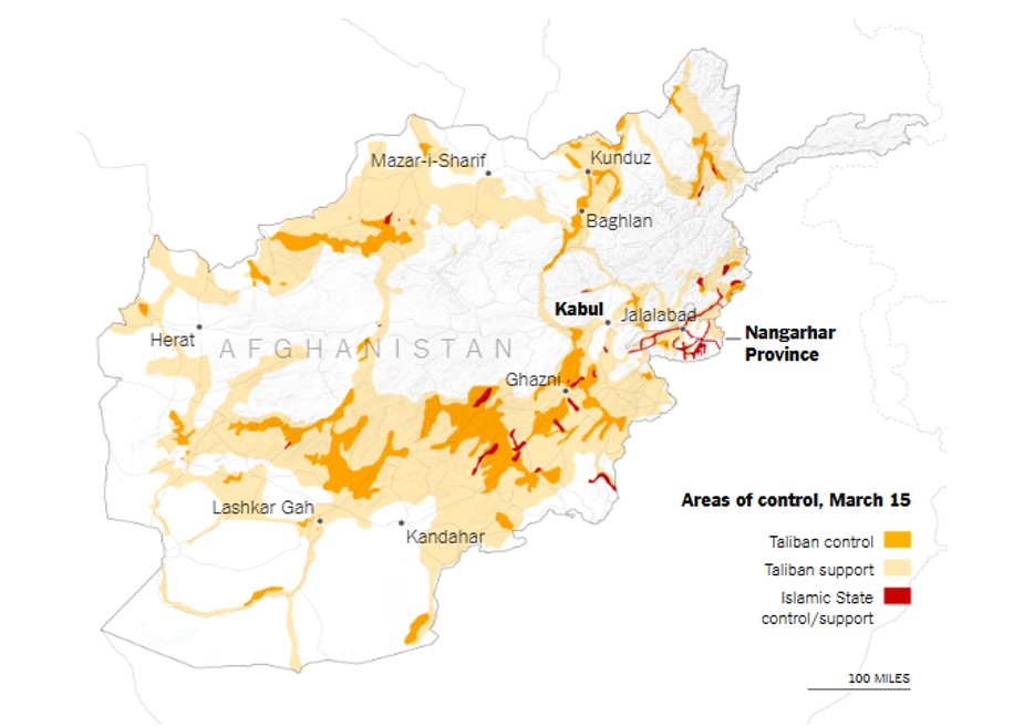 Áreas bajo influencia talibán y del Daesh-K frente al Gobierno de la República Islámica de Afganístán (GIRoA) en el año 2017