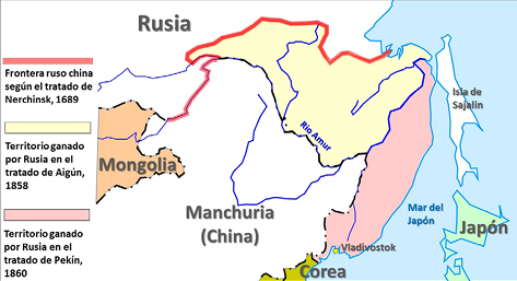 Mapa territorios adquiridos por el Imperio ruso a costa de China tras los Tratados Desiguales