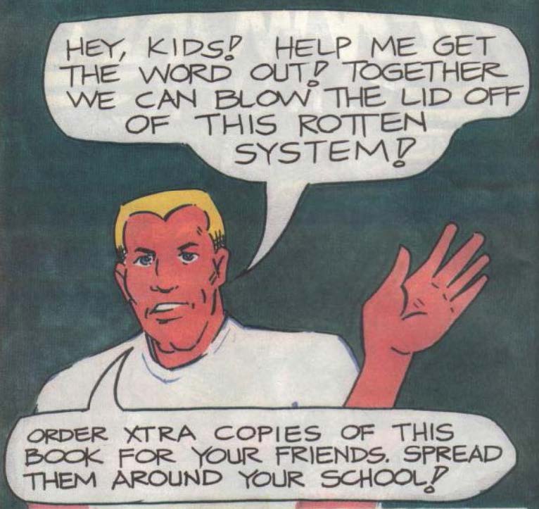 viñeta de The Saga of White Will donde se muestra a Will animando a los niños a difundir sus cómics por las escuelas