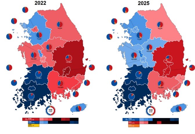 Mapa con los resultados por provincia de las presidenciales de 2022 y de 2025. Imagen cortesía del Comité Electoral Nacional de Corea del Sur