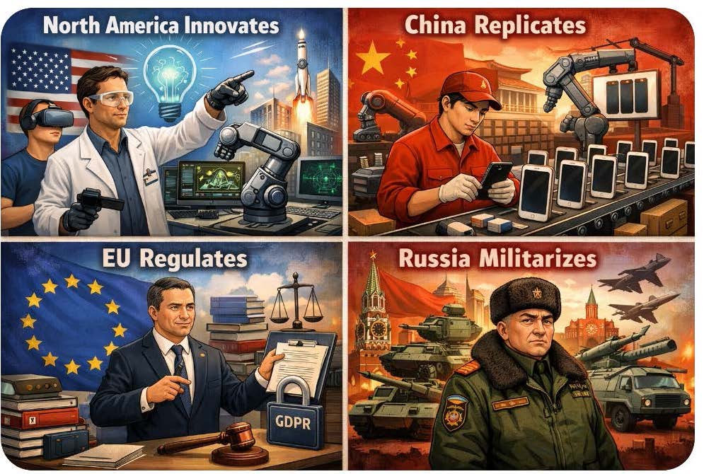 Norteamérica innova, China reproduce exactamente, la UE regula y Rusia militariza