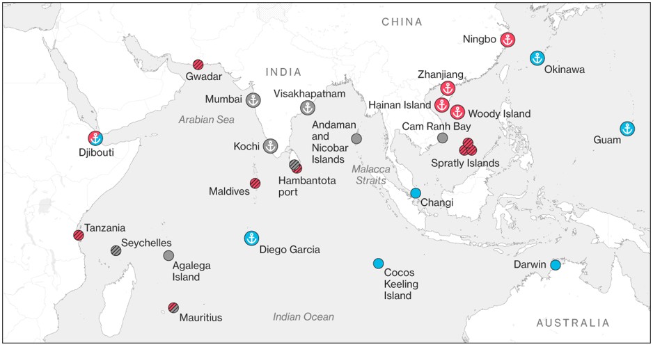 Presencia de bases militares chinas (en rojo) en el Mar de la China Meridional y en el Océano Índico