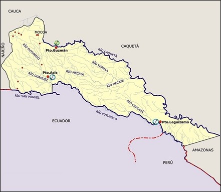Mapa de la hidrografía entre los ríos Caquetá y Putumayo