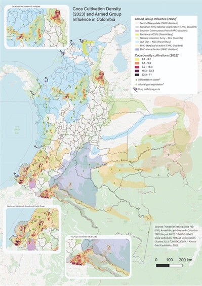 Densidad de cultivo de coca (2023) y presencia de grupos armados (2025)