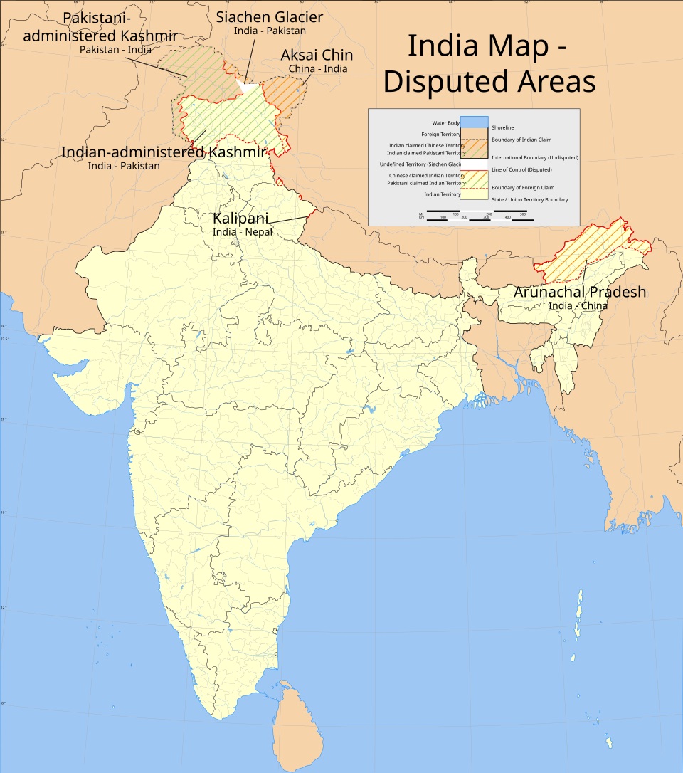 Mapa de India con la localización de Jammu y Cachemira, más la Línea de Control