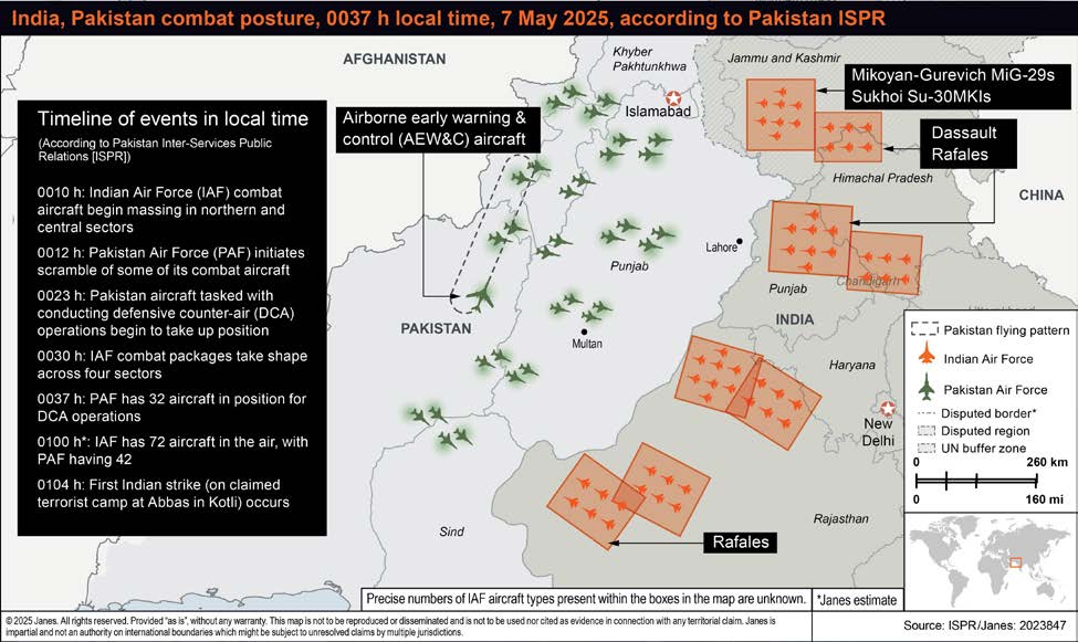 Mapa de operaciones del 7 de mayo, basado en la información presentada por el Estado Mayor de la Fuerza Aérea de Pakistán durante una conferencia de prensa el 9 de mayo