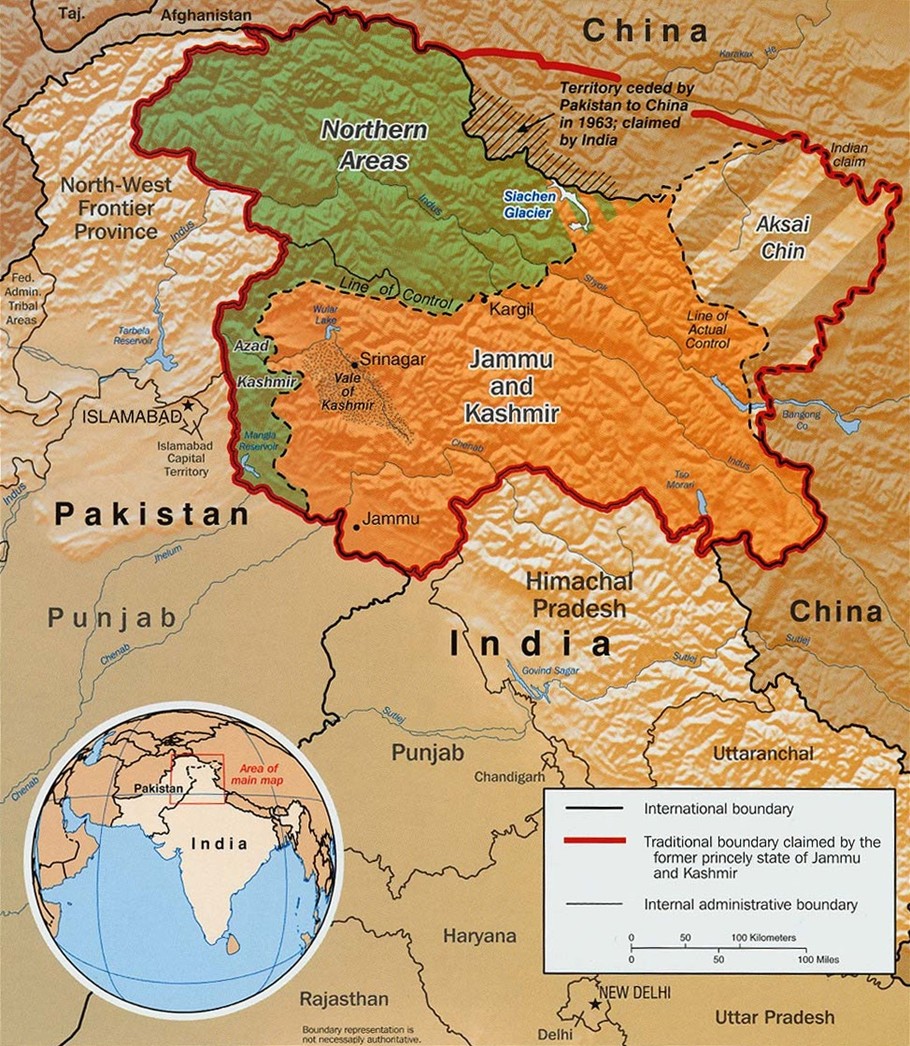 Territorio en disputa de Cachemira entre tres países: India, Pakistán y China