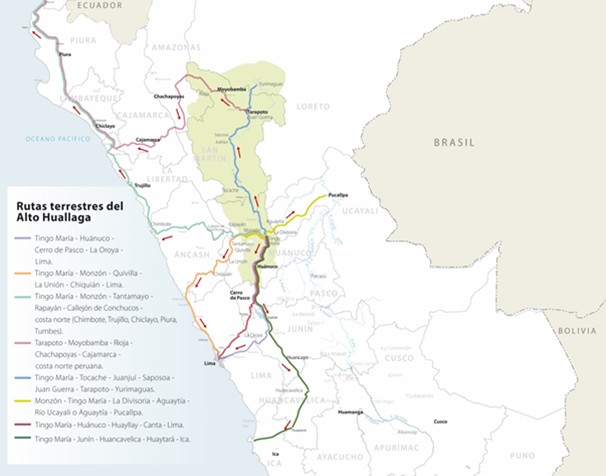 Mapa de las Rutas terrestres de salida de la droga desde el VAH