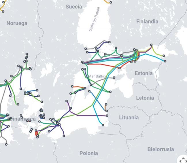 Cables submarinos en el mar Báltico (Submarine Cable Map, 2025)