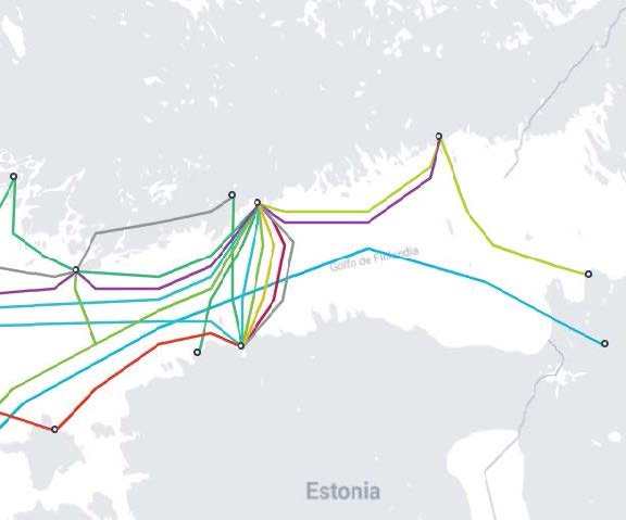 Concentración de cables submarinos en el golfo de Finlandia (TeleGeography, 2025)