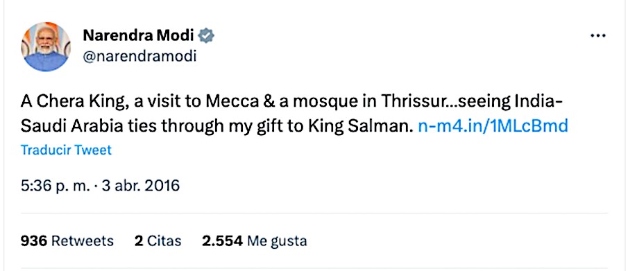 Modi felicitó el cumpleaños de Muhammad Bin Salman haciendo referencia a la llegada del islam a India en el siglo VIII en Kerala
