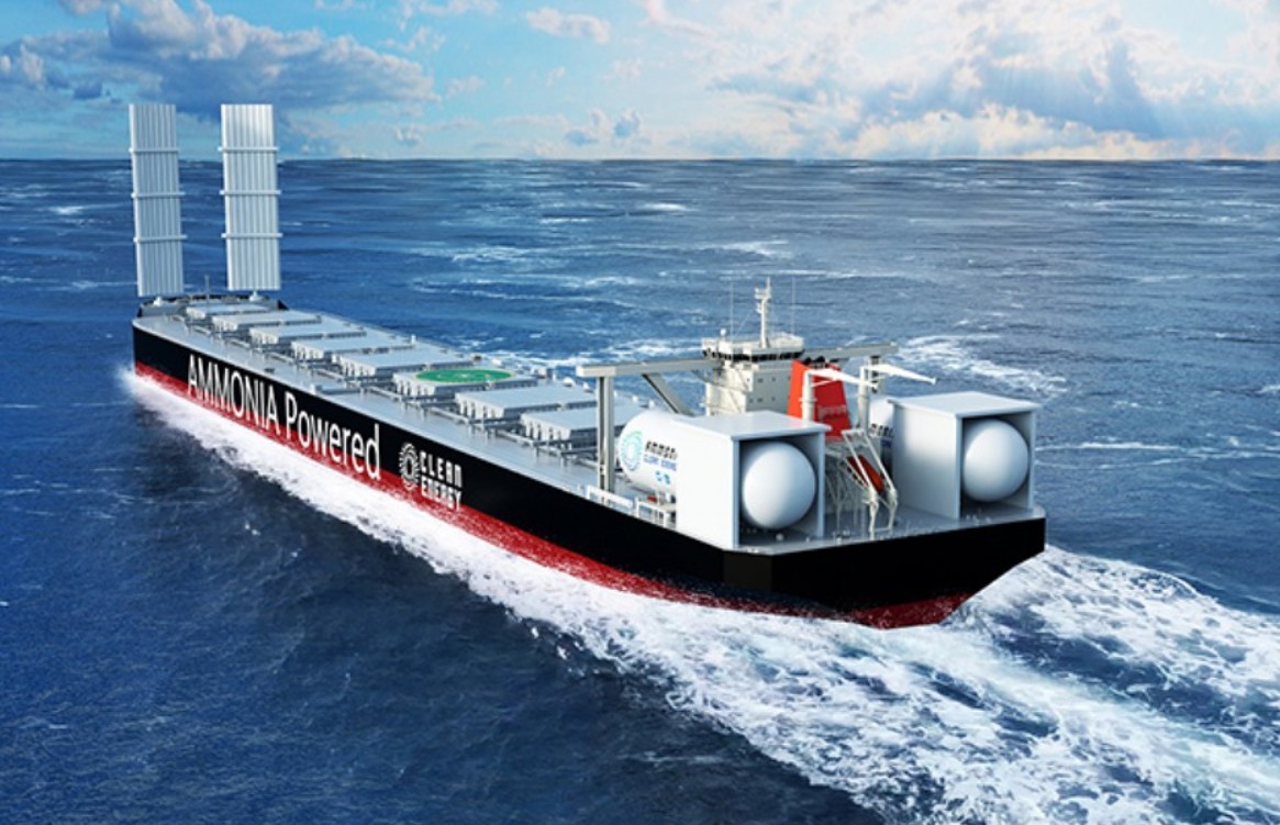 Prototipo de buque propulsado con amoniaco con depósitos en cubierta y velas solares