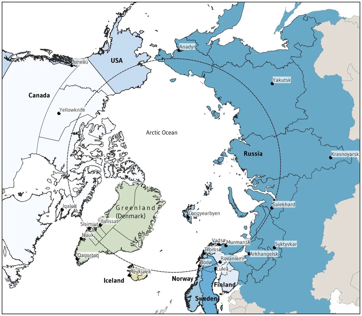 Países y regiones administrativas que conforman el Ártico