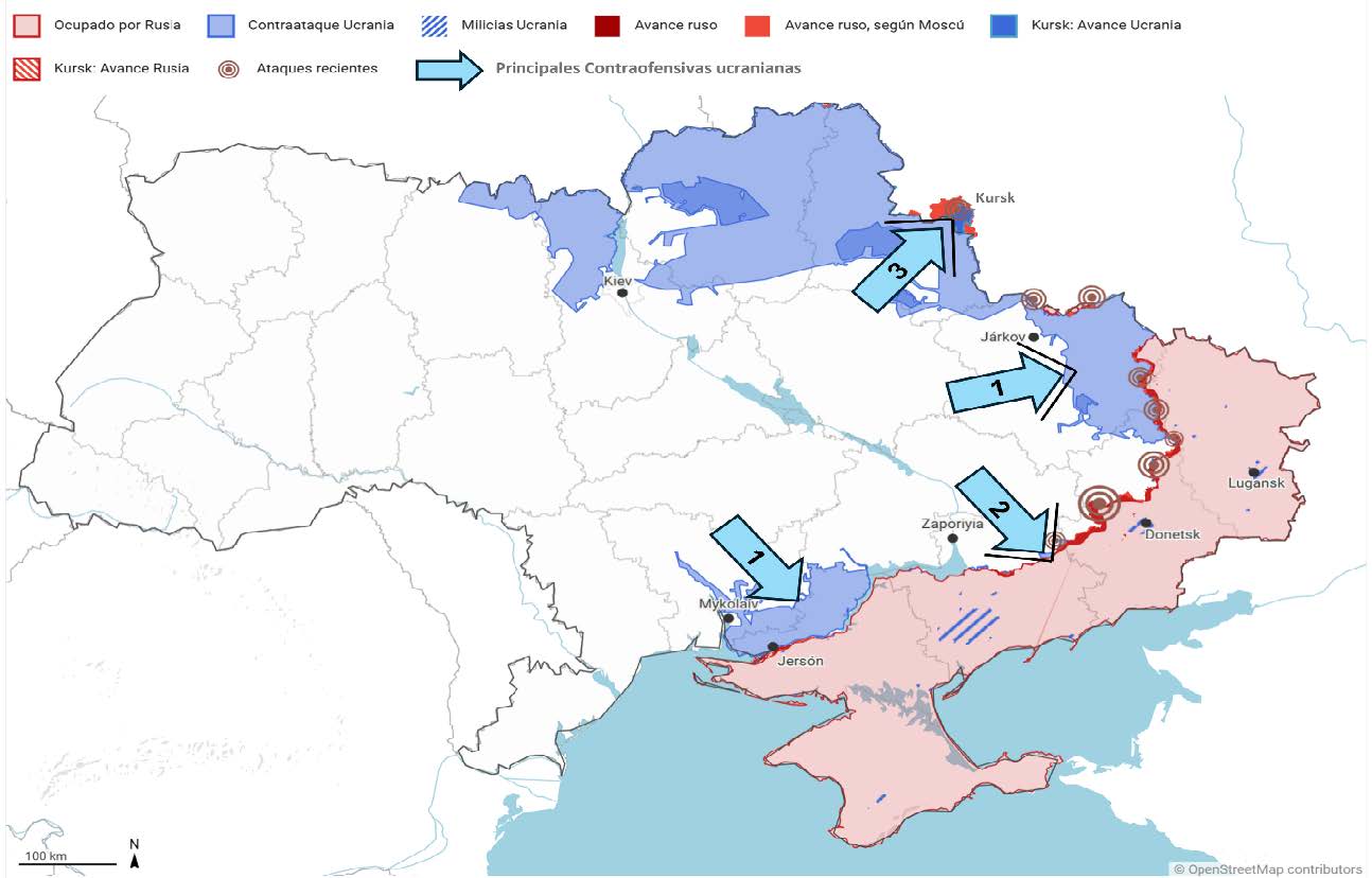 Plano de situación en Ucrania a fecha de cierre de la investigación (diciembre de 2024), donde se reflejan las tres principales contraofensivas ucranianas objeto de estudio: (1) Jersón y Járkov, (2) Zaporiyia y (3) Kursk