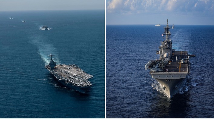 Izquierda. USS Gerald R. Ford (CVN 78). Derecha: USS IWO JIMA.